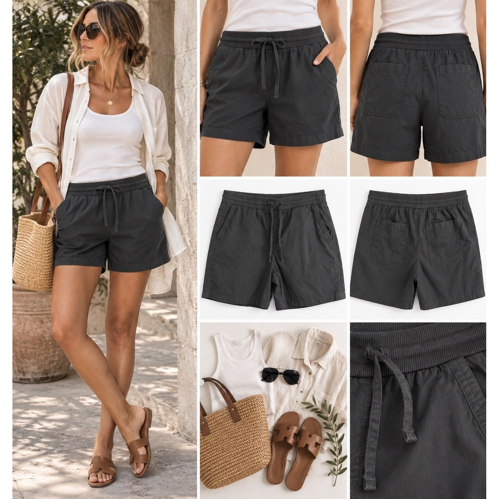 PACT Women Organic Cotton Pull On Shorts Large Charcoal Drawstring Casual Lounge